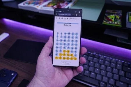 Screenshot of the NYT Strands word puzzle game displayed on a smartphone. The theme is "On the rise", with a grid of letters including E, G, H, R, I, D, N, U, O and others. Several letters are highlighted in yellow to form connected words, with game controls and information visible at the top and bottom of the screen.