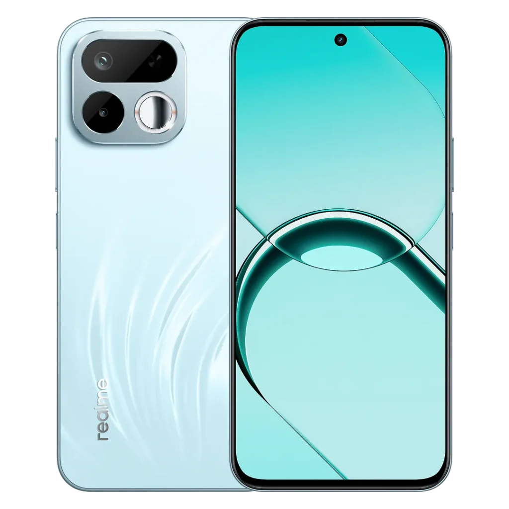 realme 16T 5G light blue color variant, front and back design view