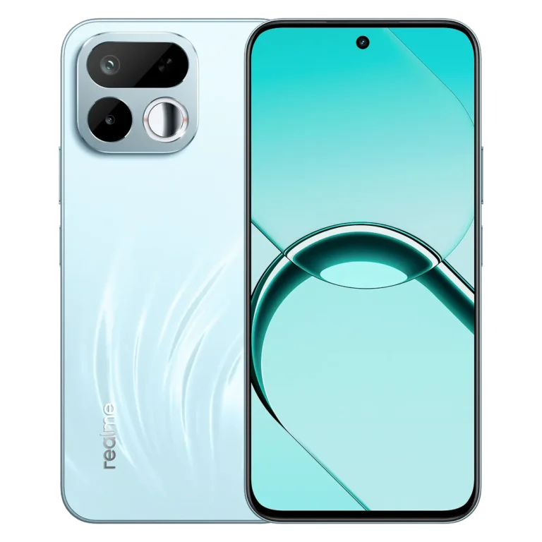 realme 16T 5G light blue color variant, front and back design view