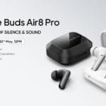 Promotional poster for realme Buds Air8 Pro titled "THE MASTER OF SILENCE & SOUND", launching May 22nd at 12PM. Shows black and white earbuds with their charging cases; highlights features: AI Call Noise Cancellation, 55dB Ultra Depth Noise Cancellation, Premier Dual-DAC Drivers, plus Hi-Res Audio Wireless, LHDC, and NEXT Ai certifications.