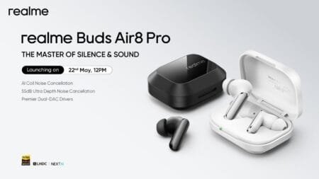 Promotional poster for realme Buds Air8 Pro titled "THE MASTER OF SILENCE & SOUND", launching May 22nd at 12PM. Shows black and white earbuds with their charging cases; highlights features: AI Call Noise Cancellation, 55dB Ultra Depth Noise Cancellation, Premier Dual-DAC Drivers, plus Hi-Res Audio Wireless, LHDC, and NEXT Ai certifications.