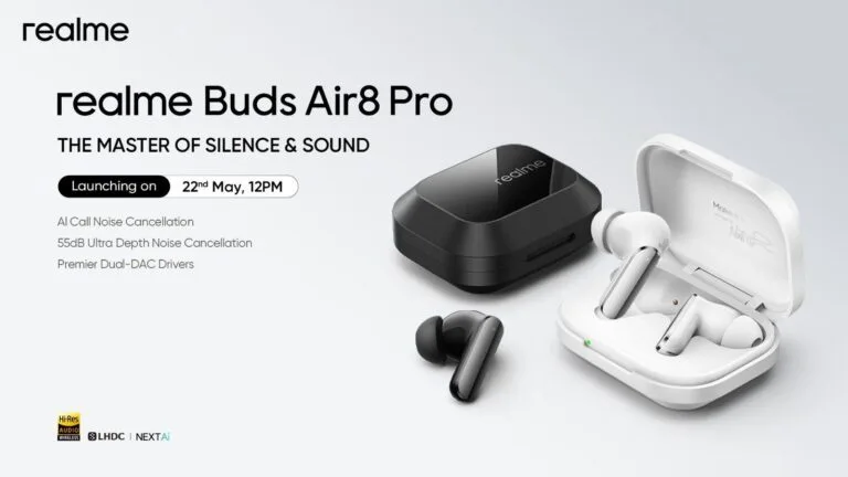 Promotional poster for realme Buds Air8 Pro titled "THE MASTER OF SILENCE & SOUND", launching May 22nd at 12PM. Shows black and white earbuds with their charging cases; highlights features: AI Call Noise Cancellation, 55dB Ultra Depth Noise Cancellation, Premier Dual-DAC Drivers, plus Hi-Res Audio Wireless, LHDC, and NEXT Ai certifications.