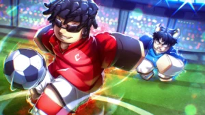 Dynamic anime-style artwork of two Roblox characters playing soccer on a brightly lit field, with one character in a red jersey dribbling the ball while the other in a blue jersey lunges to defend.