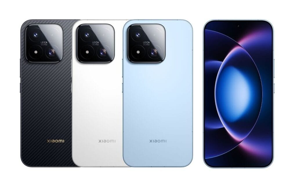 Xiaomi 17 Max in black, white, and blue colorways, front and back design view