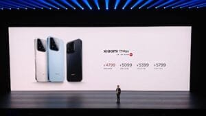 Xiaomi 17 Max launch event showcasing color options and pricing on stage screen