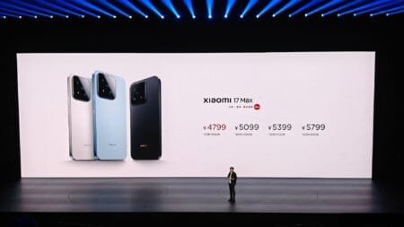 Xiaomi 17 Max launch event showcasing color options and pricing on stage screen