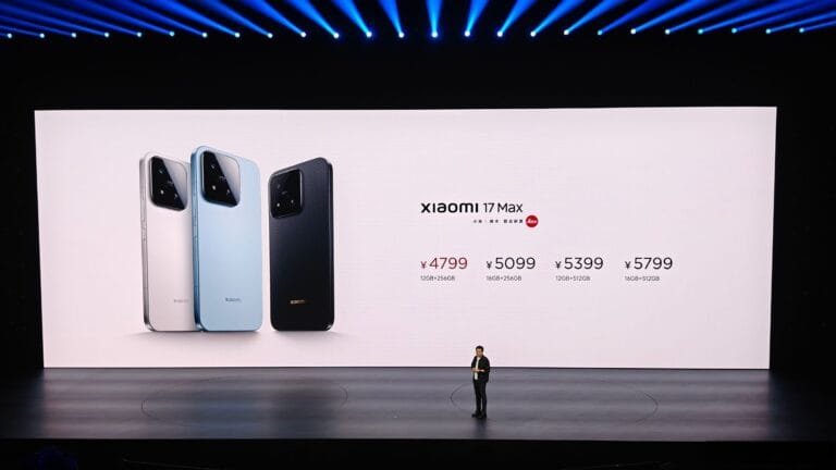 Xiaomi 17 Max launch event showcasing color options and pricing on stage screen