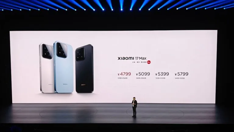Xiaomi 17 Max launch event showcasing color options and pricing on stage screen