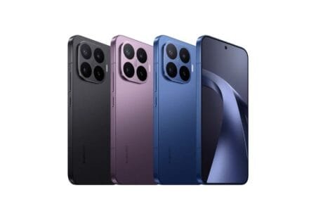 Xiaomi 17T Pro official render image, three color options: Black, Deep Violet, Deep Blue, front and back views, square camera module with quad lenses