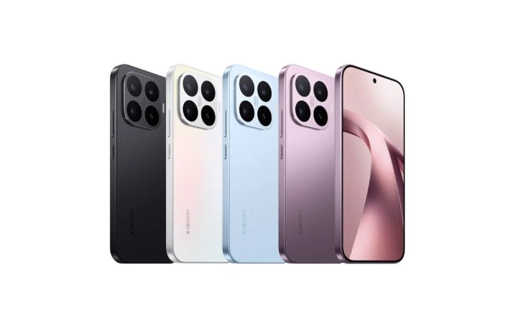 Xiaomi 17T official render image, showing four color variants: Black, White, Light Blue, Pink, front and back views with square quad-camera module