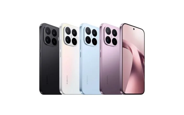 Xiaomi 17T official render image, showing four color variants: Black, White, Light Blue, Pink, front and back views with square quad-camera module