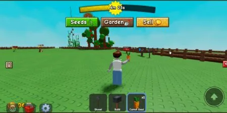 Grow a Garden 2 Codes August 2026 Free Seeds and Rewards Roblox Grow a Garden 2 gameplay screenshot showing a player holding a carrot seed, with main menu tabs for Seeds, Garden and Sell, plus tool bar with Shovel, Build and seed items in an open fenced farm area.