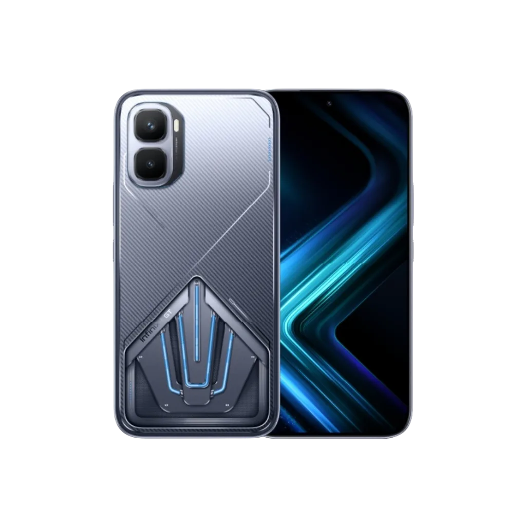 Infinix GT 50 Pro gaming smartphone, front and back view, futuristic design with RGB lighting and dual camera module