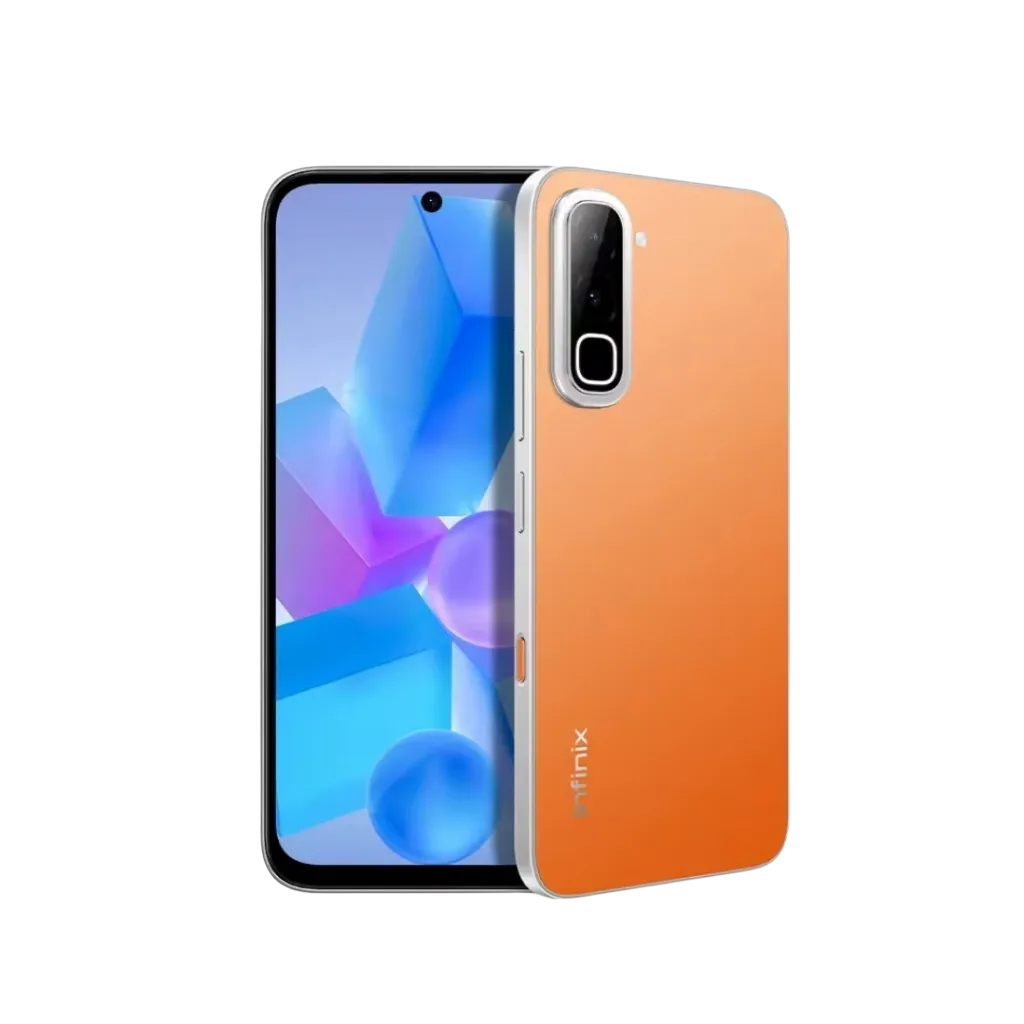 Infinix Hot 70 smartphone shown front and back against black background; bright orange rear finish with vertical camera module and fingerprint sensor, front screen displays colorful blue and purple abstract wallpaper.