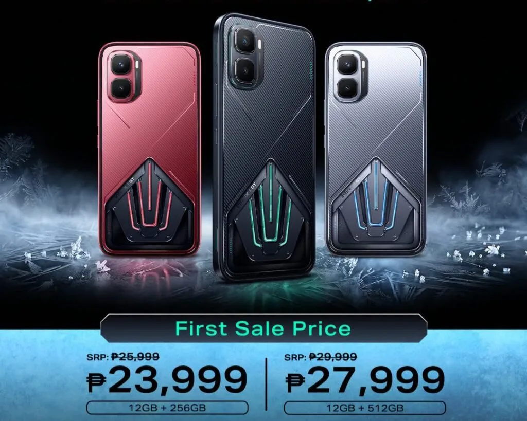 Infinix GT 50 Pro Launched in Philippines with a Suggested Retail Price of ₱25,999 Alt text: Infinix GT 50 Pro shown in red, black, and silver finishes; displays first‑sale pricing: ₱23,999 for 12GB+256GB and ₱27,999 for 12GB+512GB, down from SRP ₱25,999 and ₱29,999.