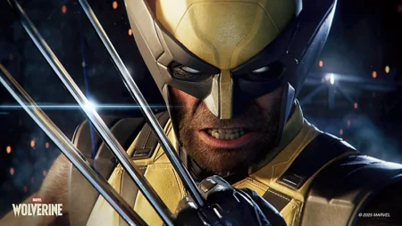 Close‑up shot of Marvel’s Wolverine in his classic yellow and black suit, showing his adamantium claws extended, intense expression, and gritty details. Official artwork for Marvel’s Wolverine game on PlayStation 5, © 2025 Marvel