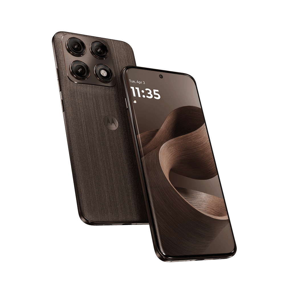 Motorola Edge 70 Pro+ Motorola Edge 70 Pro+ in premium brown finish with textured back panel and rose‑gold accents, shown front and back. It features curved display, centered punch‑hole camera, quad‑lens camera module, and Motorola logo, against black background