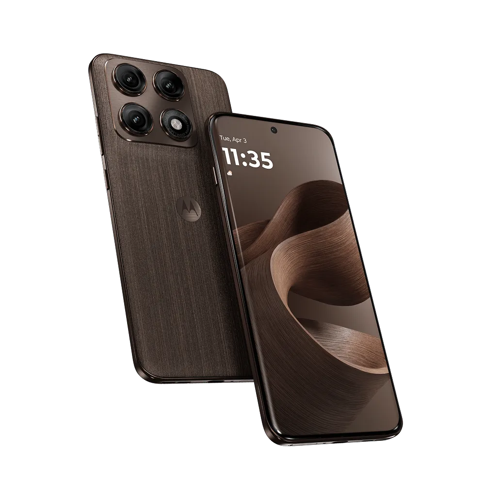 Motorola Edge 70 Pro+ in premium brown finish with textured back panel and rose‑gold accents, shown front and back. It features curved display, centered punch‑hole camera, quad‑lens camera module, and Motorola logo, against black background