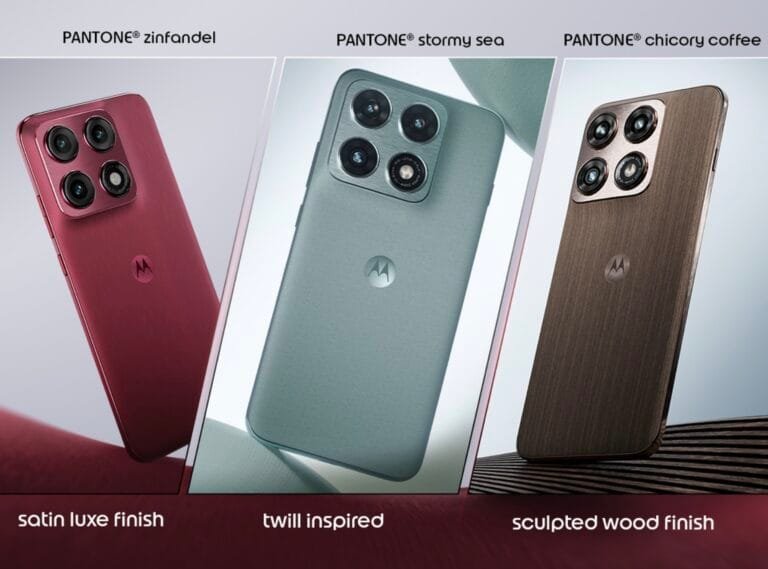 Motorola Edge 70 Pro+ smartphone shown in three Pantone color options: Zinfandel red with satin luxe finish, Stormy Sea blue with twill-inspired texture, and Chicory Coffee brown with sculpted wood finish; each features a rectangular camera module and Motorola logo on the back.