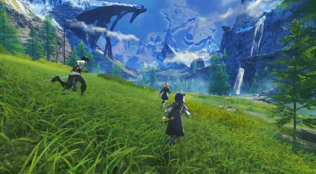 Three adventurers run across lush green grass toward a scenic mountain valley with waterfalls, tall pine trees, and sweeping blue skies, from the game Xenoblade Chronicles.