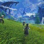 Three adventurers run across lush green grass toward a scenic mountain valley with waterfalls, tall pine trees, and sweeping blue skies, from the game Xenoblade Chronicles.