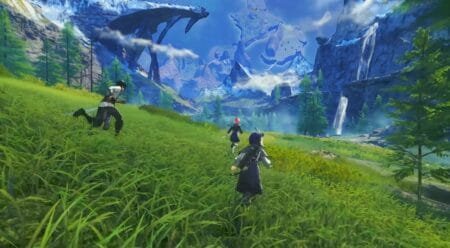 Three adventurers run across lush green grass toward a scenic mountain valley with waterfalls, tall pine trees, and sweeping blue skies, from the game Xenoblade Chronicles.