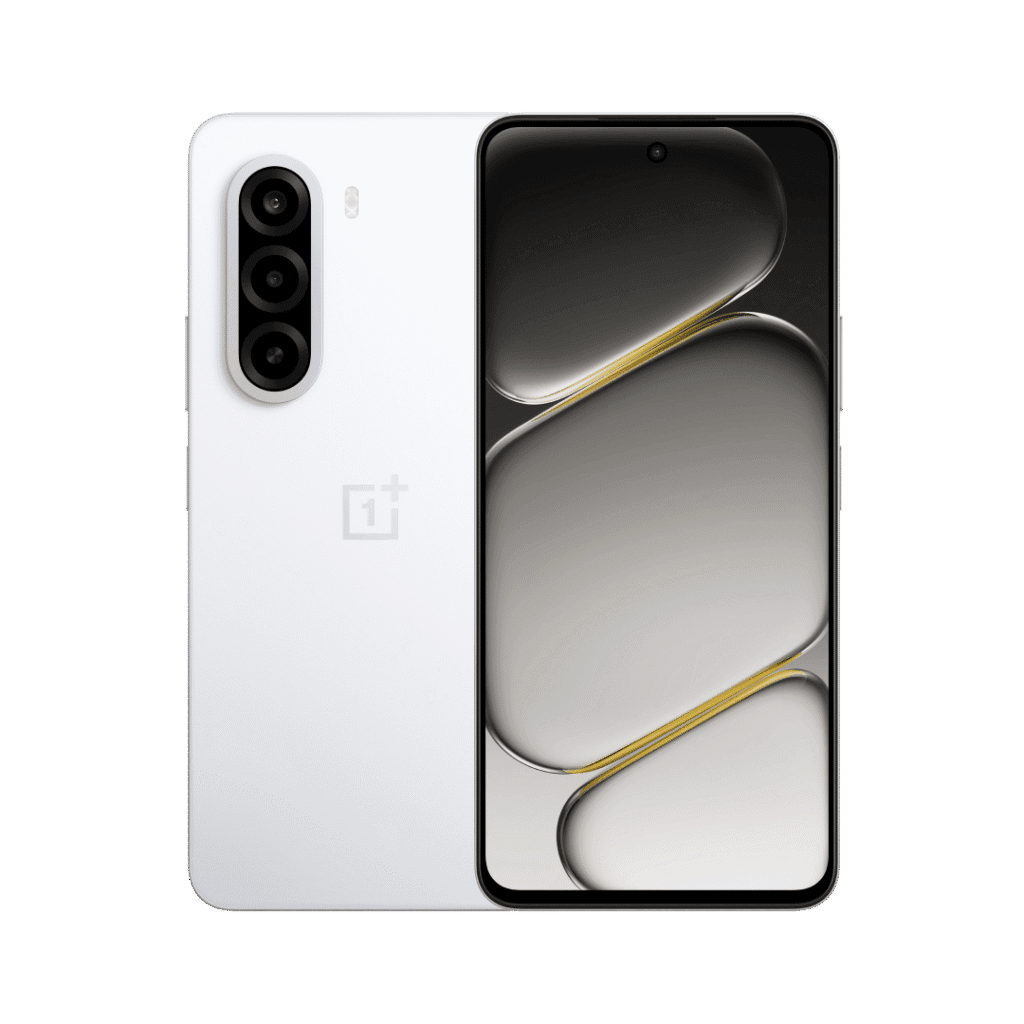 Alt text: OnePlus Turbo 6X shown in white finish, featuring vertical triple rear camera array, OnePlus logo, and front display with abstract wallpaper against black background.