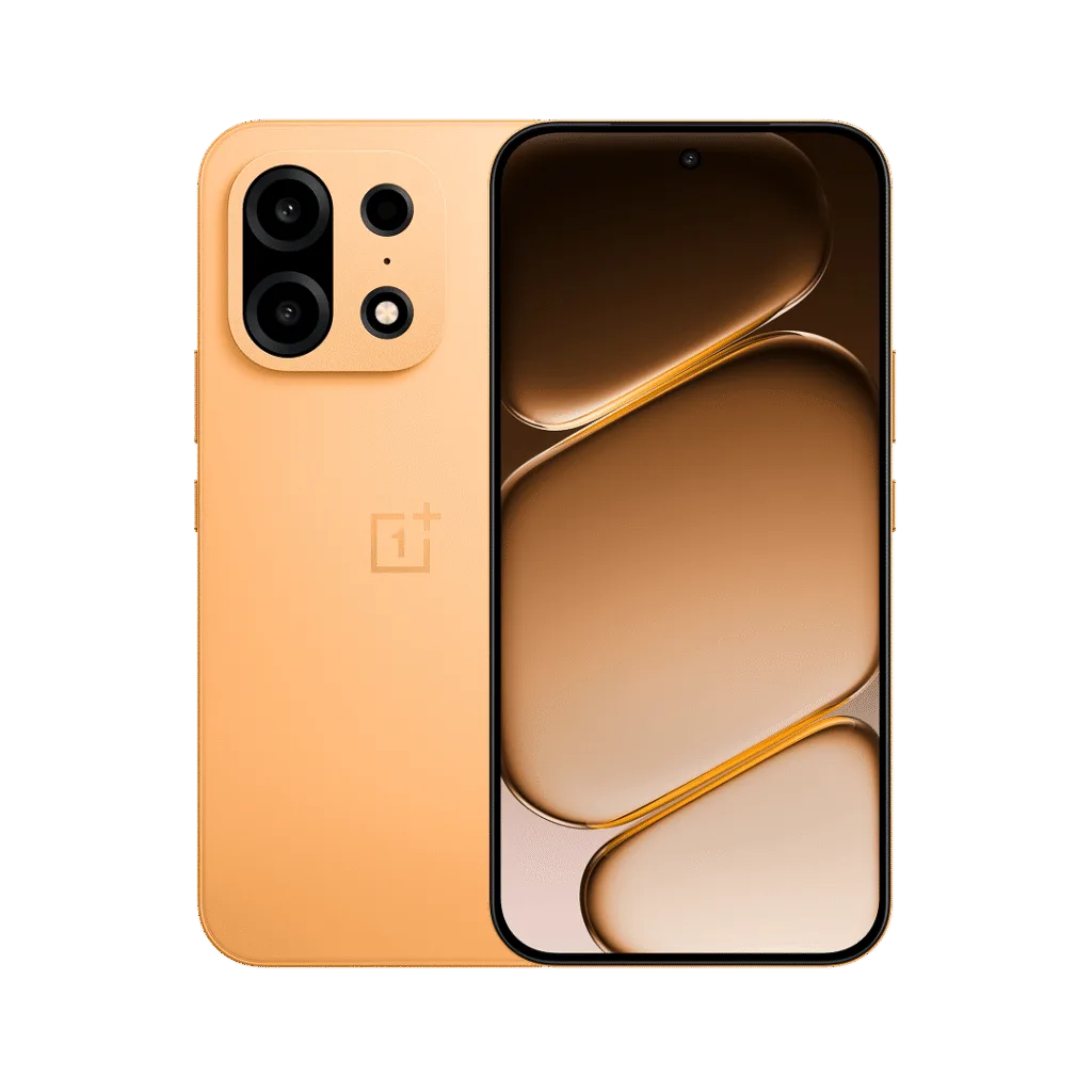 Alt text: OnePlus Turbo 6X Pro in golden finish, shown from back and front views, with square camera module, OnePlus logo, and warm‑toned abstract screen wallpaper against black background.