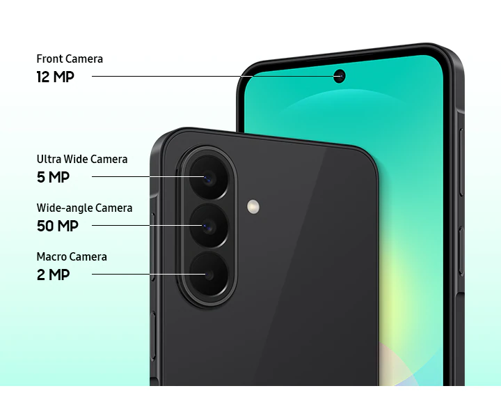 Alt text: Samsung Galaxy A27 5G shown from back and front views, highlighting triple rear camera setup with 50MP wide-angle, 5MP ultra-wide, 2MP macro lenses and 12MP punch‑hole front camera.