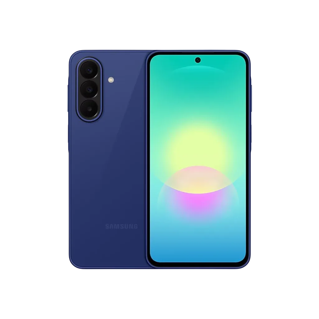 Samsung Galaxy A27 5G dual view front and back against black background. Deep blue glossy body with vertical triple camera setup. Super AMOLED screen with centered punch‑hole camera. Modern 5G smartphone design for daily use.