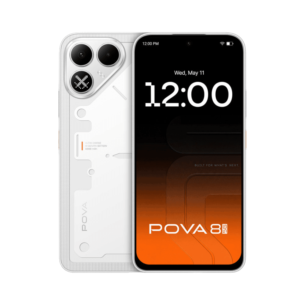 Tecno Pova 8 (5G) Tecno Pova 8 5G in white finish, shown from back and front views, featuring Active Matrix rear design, triple camera module, POVA branding, and orange‑themed screen display against black background.