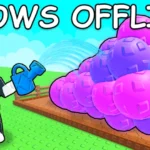 Grow a Garden 2 Roblox game art with avatar watering giant colorful produce on farm plot highlighting offline growth feature.