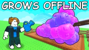 Grow a Garden 2 Roblox game art with avatar watering giant colorful produce on farm plot highlighting offline growth feature.