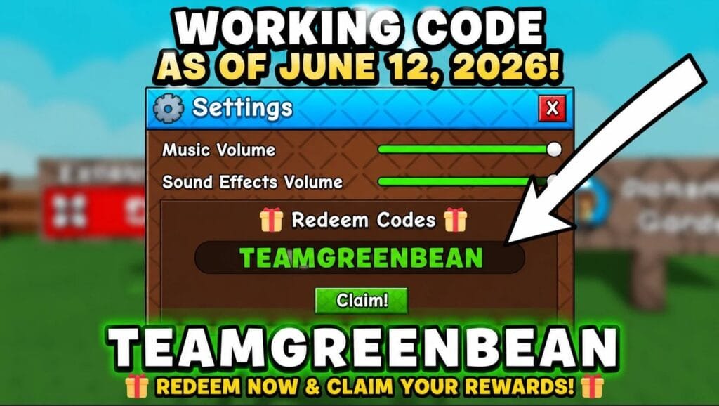 Grow a Garden 2 Codes July 2026 Free Seeds and Rewards 1 Grow a Garden 2 game screenshot showing a working redeem code TEAMGREENBEAN. Image displays the Settings menu with Redeem Codes section.