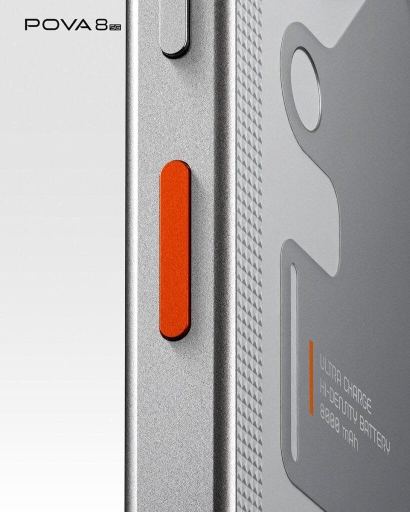 Tecno Pova 8 5G side view, silver textured frame, bright orange power button, text reads Ultra Charge High-Density Battery 8000 mAh