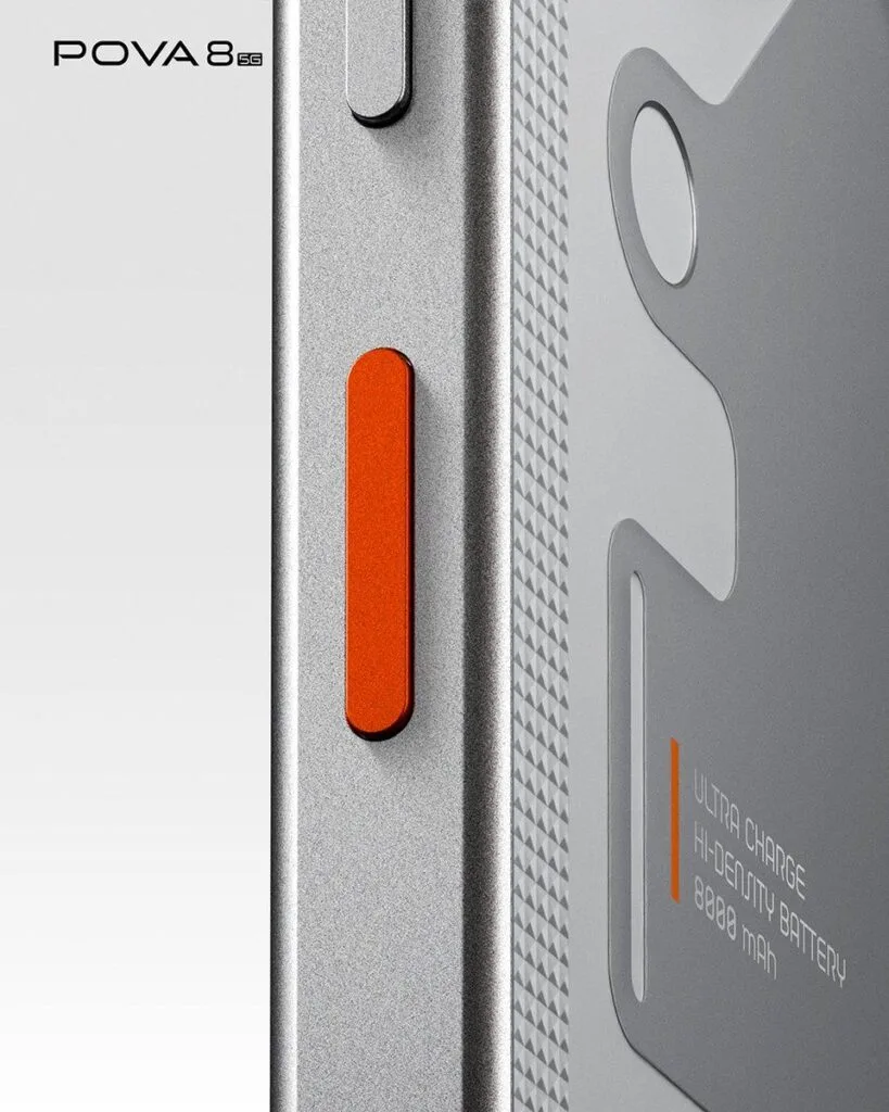 Tecno Pova 8 5G side view, silver textured frame, bright orange power button, text reads Ultra Charge High-Density Battery 8000 mAh