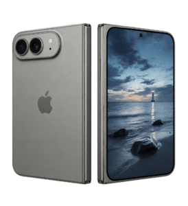 Prototype model of Apple iPhone Ultra foldable smartphone in silver finish. Shown closed with dual camera module and Apple logo on the back. Shown open to display large inner screen with lighthouse wallpaper. Features slim titanium frame and modern hinge design against black background.