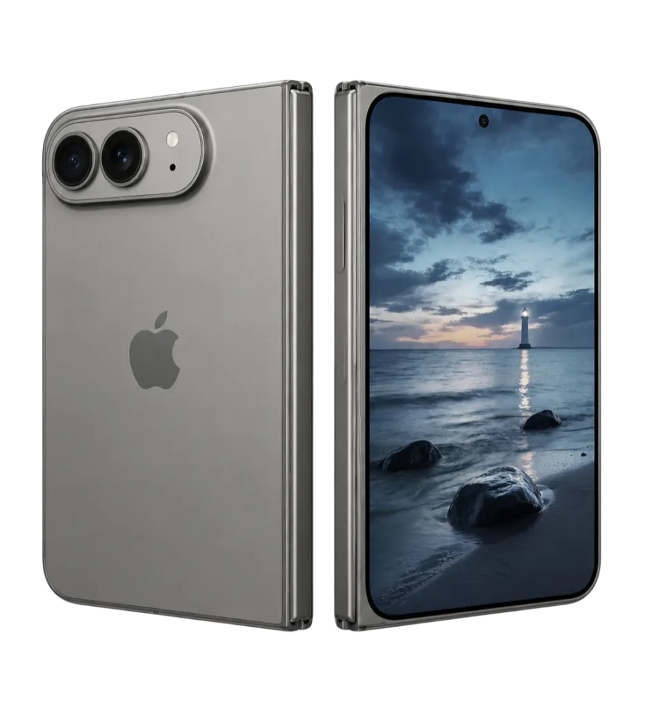 Prototype model of Apple iPhone Ultra foldable smartphone in silver finish. Shown closed with dual camera module and Apple logo on the back. Shown open to display large inner screen with lighthouse wallpaper. Features slim titanium frame and modern hinge design against black background.