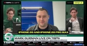Mark Gurman Bloomberg live on TBPN with Jordi Hays and John Coogan discussing iPhone 20 and iPhone 20 Pro Max, 17 June interview screenshot
