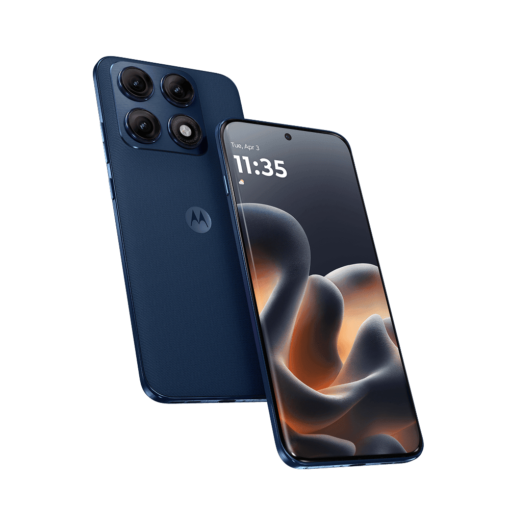 Motorola Edge 70 Pro Motorola Edge 70 Pro in deep blue finish, shown from front and back views. It features a smooth 3D curved display, centered punch‑hole camera, and a square camera module with four lenses on the rear, set against a black background