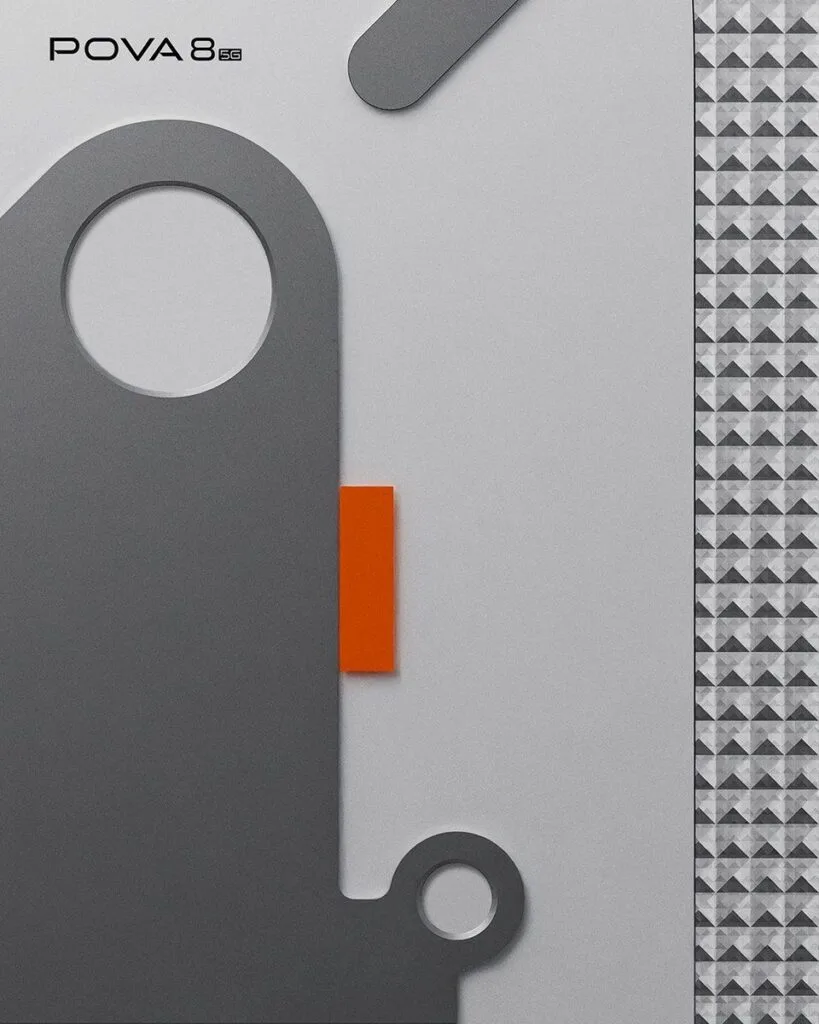 Tecno Pova 8 5G camera module area, dark grey cutout, orange rectangular detail, patterned side edge, POVA 8 5G branding