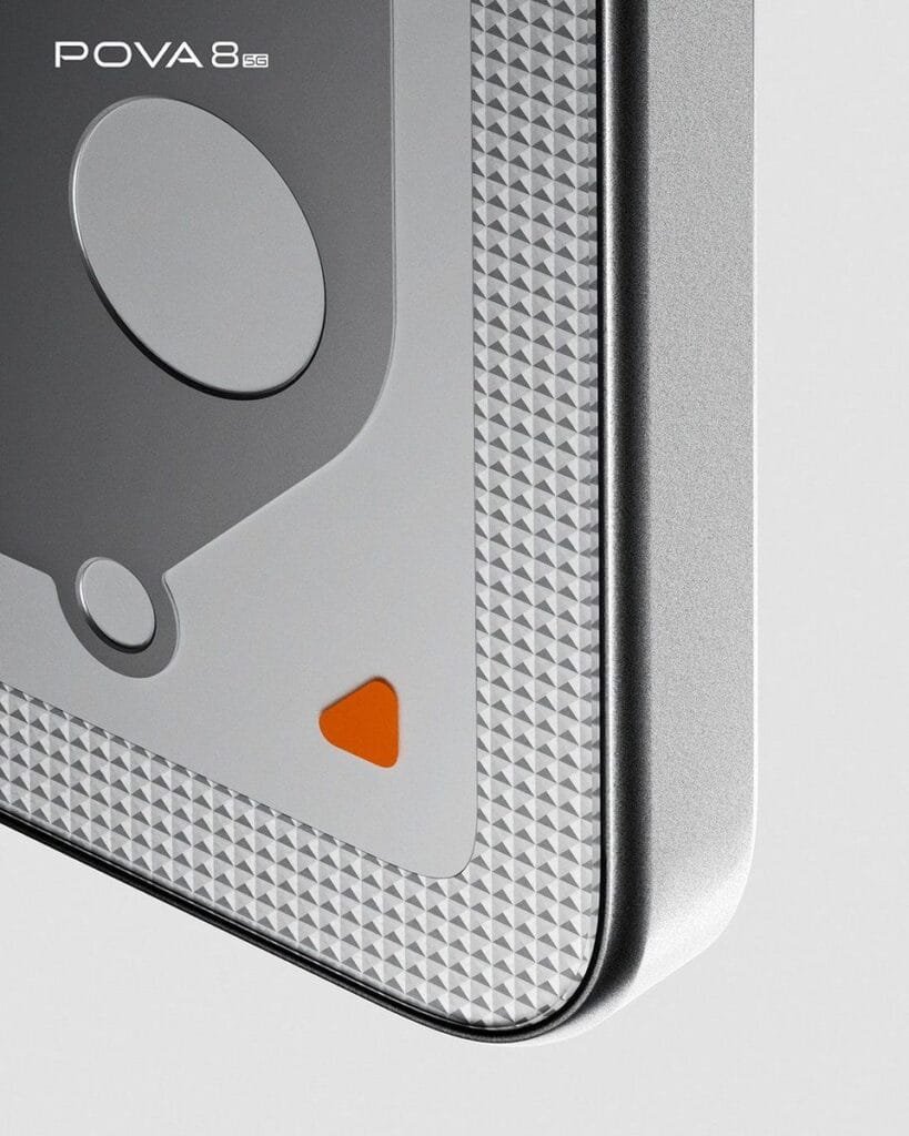 Tecno Pova 8 5G close-up back design, grey panel with geometric texture, orange triangle accent, POVA 8 5G logo