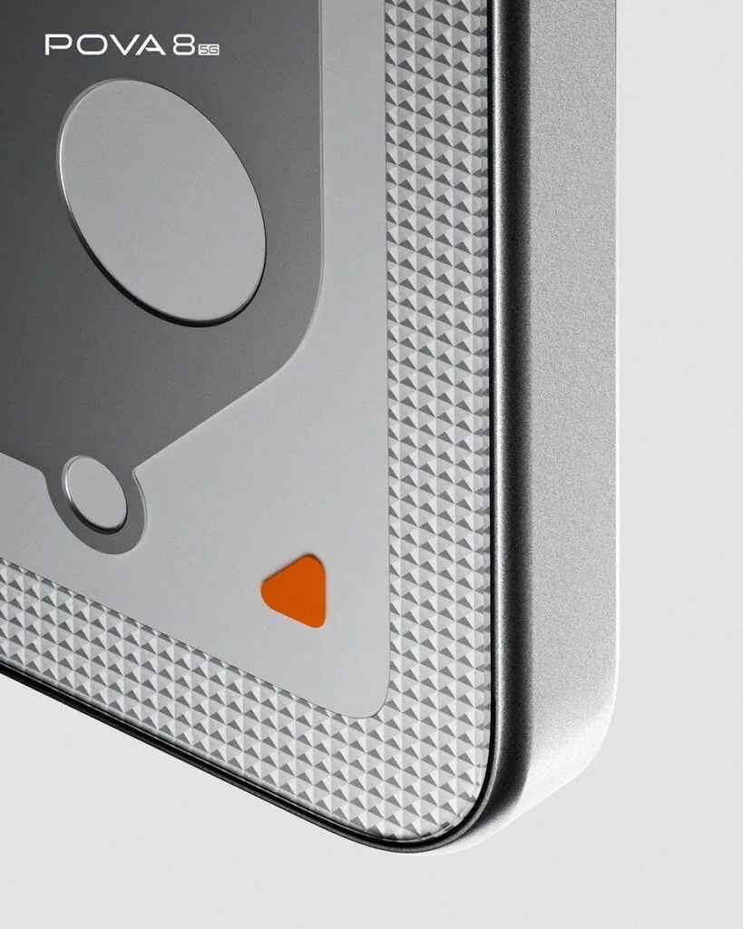 Tecno Pova 8 5G close-up back design, grey panel with geometric texture, orange triangle accent, POVA 8 5G logo