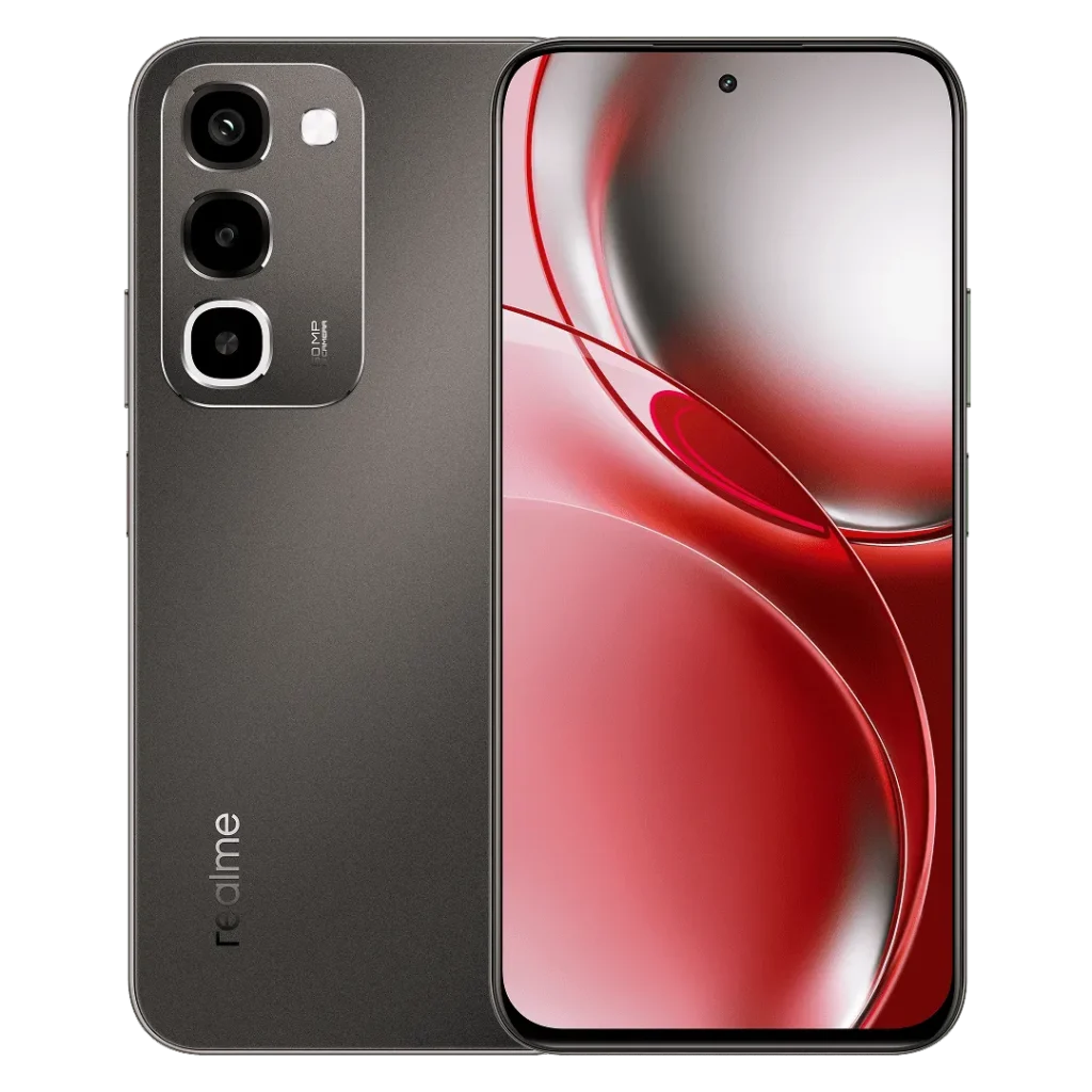 Realme P4R Realme P4R 5G shown from back and front views, featuring a matte dark finish, vertical triple‑camera module, and 6.8‑inch display with red and pink abstract wallpaper against black background.