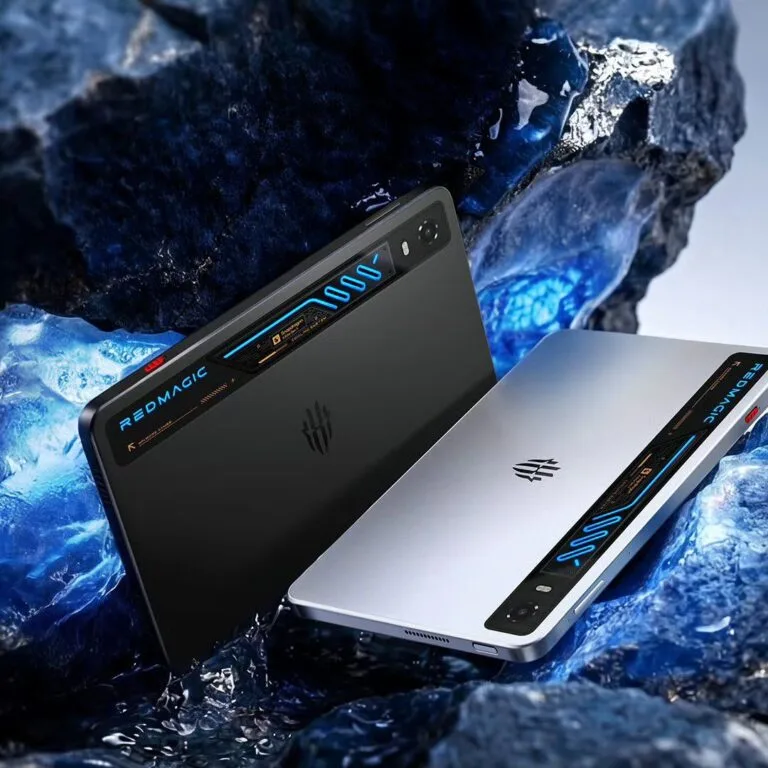 RedMagic Gaming Tablet 5 Pro in black and silver, showing liquid cooling design and RGB lighting