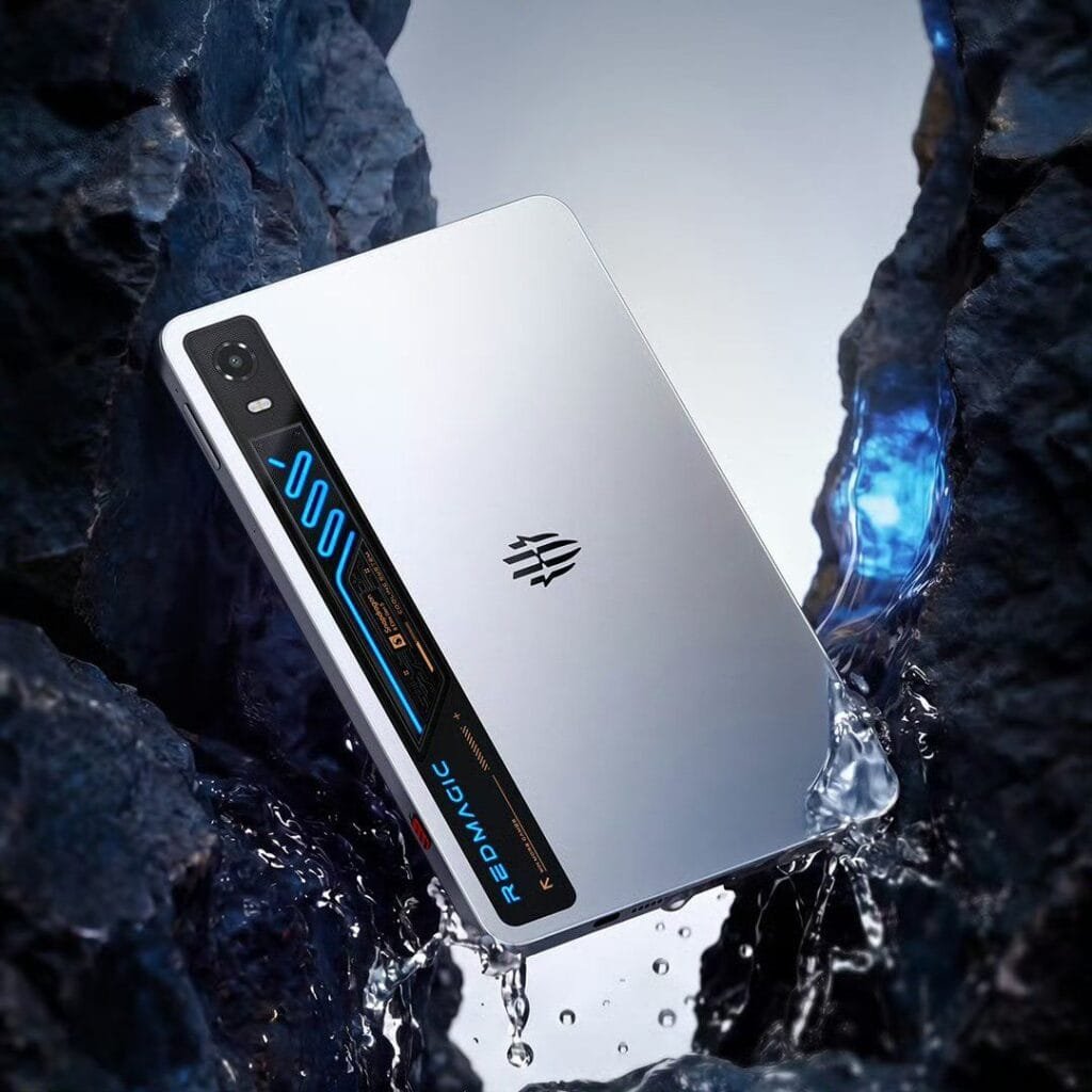 RedMagic Gaming Tablet 5 Pro: Liquid Cooling, SD 8 Elite Gen5 6 RedMagic Gaming Tablet 5 Pro silver back view, liquid cooling system with RGB lighting