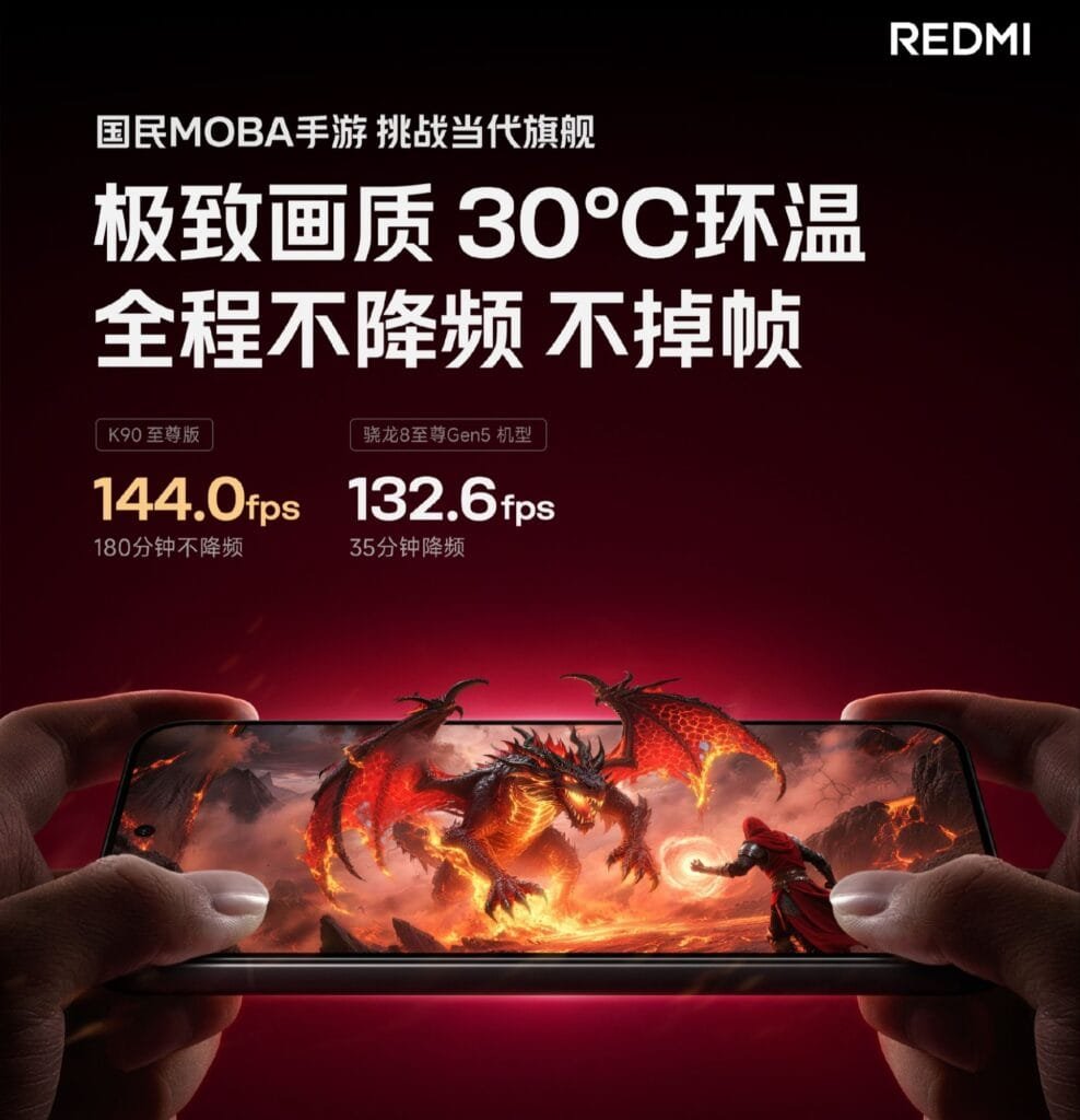 Redmi K90 Ultra gaming performance test at 30°C ambient temperature, 144fps stable frame rate for 180 minutes