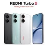 Redmi Turbo 5 Indian edition official product shot in black mint green and white finishes dual rear camera setup flat AMOLED display against white backdrop.