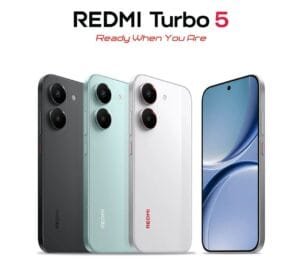 Redmi Turbo 5 Indian edition official product shot in black mint green and white finishes dual rear camera setup flat AMOLED display against white backdrop.