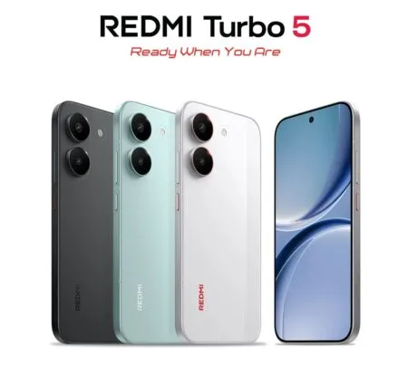 Redmi Turbo 5 Indian edition official product shot in black mint green and white finishes dual rear camera setup flat AMOLED display against white backdrop.